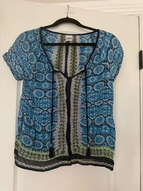 Bila Blue Patterned Short Sleeve Blouse with Tassel Ties Boho India Spring